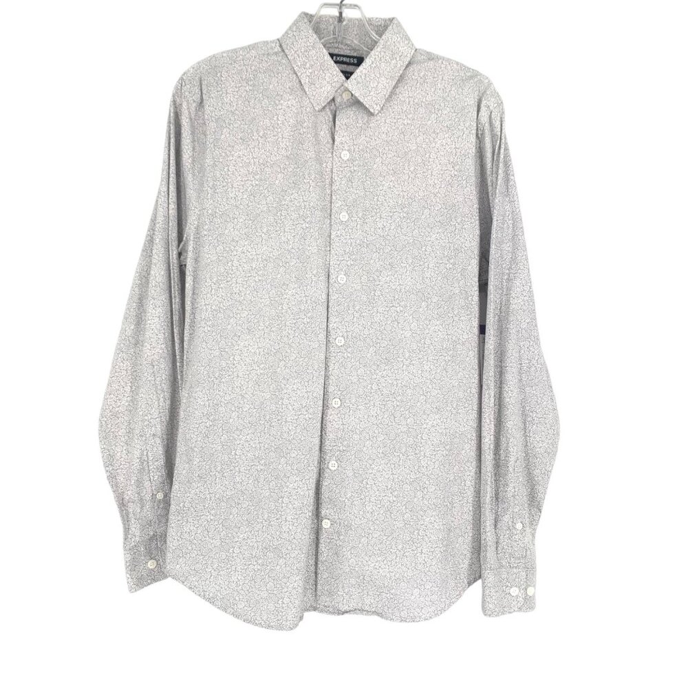 Express Mens M Extra Slim Fit Button Up Gray White Collared Long Sleeve Floral